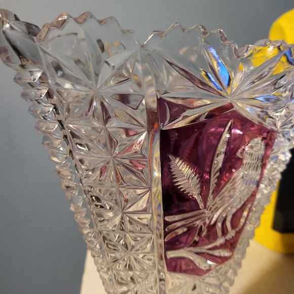 Vintage Hofbauer Byrdes Crystal Collection Clear Cut G& Ruby Red Fan Vase - Picture 2 of 9